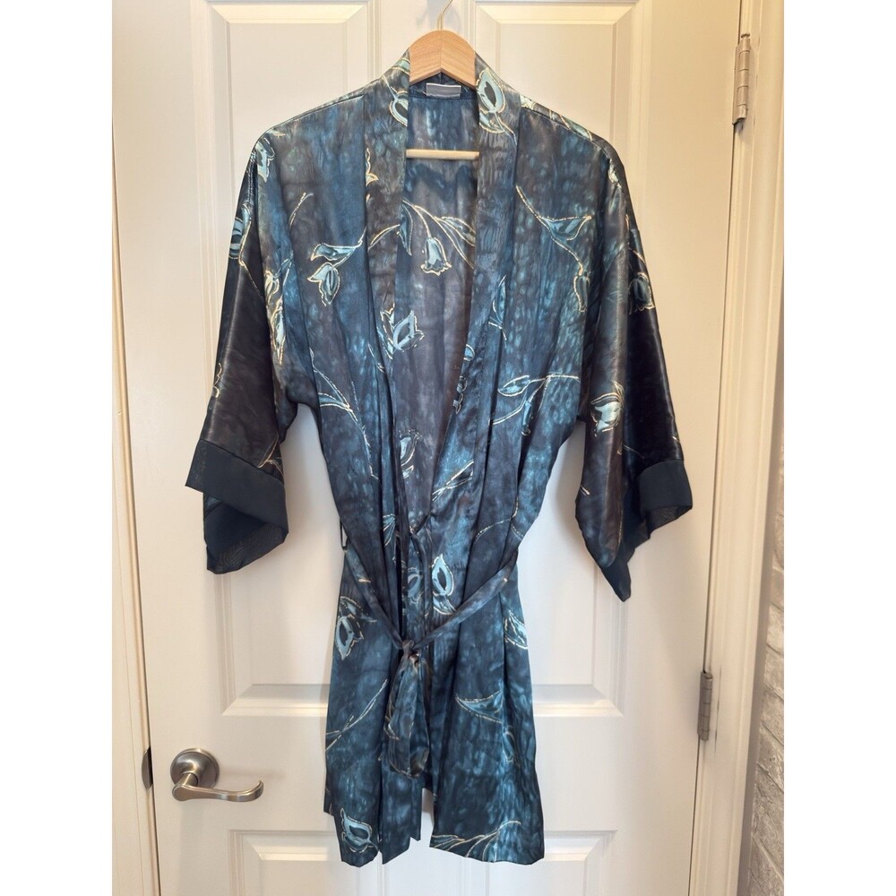 Gorgeous Vintage 90's Delicates Teal Satin Kimono Robe with tulip design